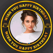 a picture of a woman is inside a circle that says wish you happy birthday