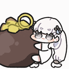 a cartoon drawing of a girl holding a brown bag