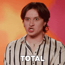 a man in a striped shirt is making a funny face and the word total is behind him