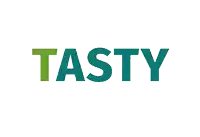 a green and white logo that says tasty on a white background