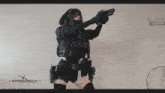 a woman is holding a gun in front of a sign that says destinycrossplay