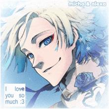 a drawing of a boy with blue hair and the words micha & alexa on the bottom