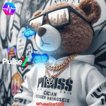 a teddy bear wearing a hoodie that says moschino