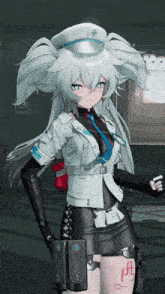 a girl with white hair and a hat with a cross on it stands in front of a clock that says 09:52