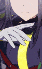 a close up of a person wearing white gloves and a tie