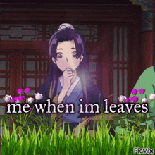 a picture of a girl with purple hair and the words " me when im leaves "