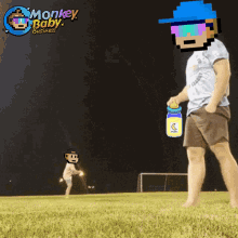 a pixel art of a man throwing a frisbee with the words monkey baby business behind him