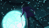 a cartoon character in a purple jacket stands in front of a blue light