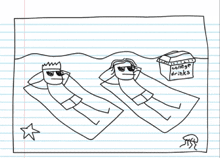 a drawing of a man and woman laying on a beach with a box of college drinks
