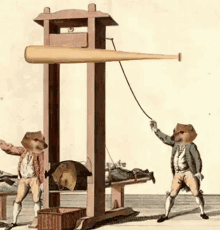 a couple of bears are standing next to a wooden machine with a baseball bat on top of it .