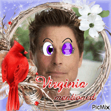 a picture of a man with purple eyes and the name virginia mentioned at the bottom