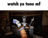 a video game character is dancing in a dark room with the words `` watch yo tone mf '' written on the bottom .
