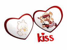 a couple of heart shaped objects with the word kiss on the bottom