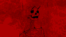 a red background with a drawing of a skeleton with horns