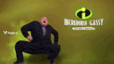 a man in a suit and tie is squatting in front of a poster for incredible gassy