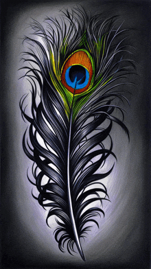 a peacock feather with a blue eye is against a dark background