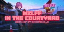 a girl with purple hair is in front of a motel sign