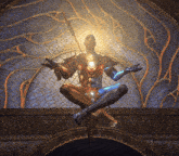 a statue of a man sitting in a lotus position with a sword in his hand