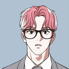 a man with pink hair is wearing glasses and a suit