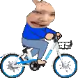 a man in a blue shirt is riding a bicycle with a funny face on it .