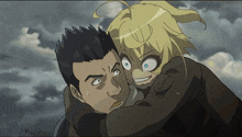 a man and a woman are hugging each other and the woman is smiling