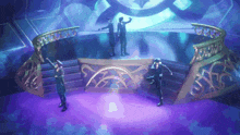 a group of people standing on a stage with a purple light behind them