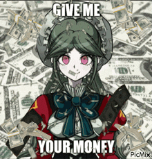 a girl is holding a gun in front of a pile of money with the words " give me your money "