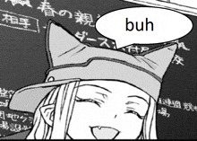 a black and white drawing of a girl wearing a cat hat with a speech bubble that says buh