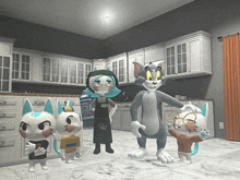 a group of cartoon characters are standing in a kitchen and one of them is wearing glasses