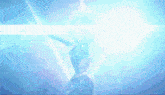 a cartoon character with her arms outstretched in front of a blue light