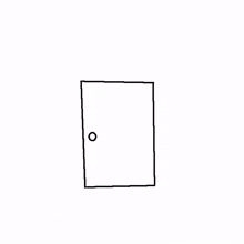 a black and white drawing of a dog standing in an open door .