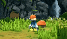 a cartoon fox in a blue jacket is standing in the grass