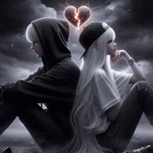 a boy and a girl are sitting back to back with a broken heart behind them