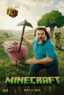 a poster for the movie minecraft shows a man holding a pickaxe