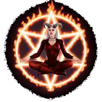 a woman with horns sits in a circle of fire