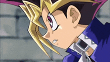 a close up of a cartoon character 's face with a blue jacket and tie .