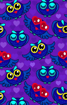 a seamless pattern of owls with hearts on their faces