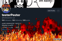 a screenshot of a person 's twitter account with a picture of fire