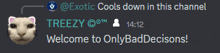 a screenshot of a chat with a cat face and the words welcome to onlybaddecisions