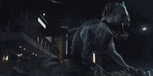 a large dinosaur is standing in front of a building that says ' a & r ' on it