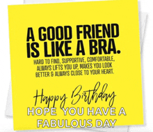 a birthday card that says a good friend is like a bra and hope you have a fabulous day