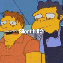 two cartoon characters standing next to each other with the words silent hill 2 on the bottom right