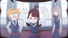 three anime girls are standing next to each other and one has glasses on