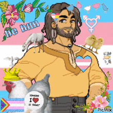 a pixel art of a man surrounded by animals with a sticker that says someone i heart is trans