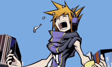 a cartoon character with a purple scarf around his neck screaming