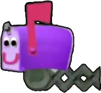 a purple mailbox with a red handle and a smiling face is sitting on a fence .