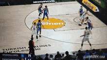 a basketball game is being played on a court that says euroleague on it