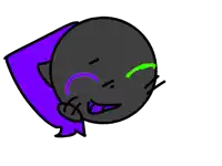 a cartoon drawing of a black circle with a purple cape and a green eye