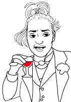 a black and white drawing of a woman in a suit holding a glass of wine