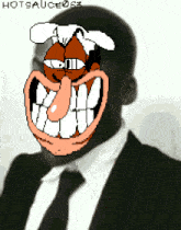 a man in a suit and tie has a cartoon face on his face with the words hotsauce 63 below him